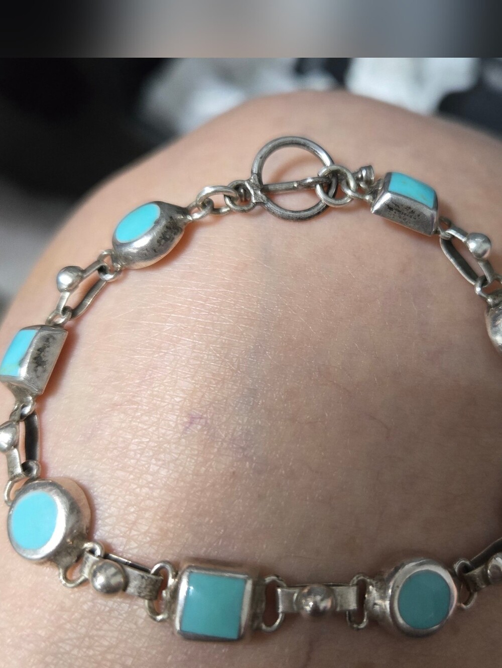 Sterling Silver Turquoise Link Bracelet - BlueVintage Mexico 925 Sterling Silver